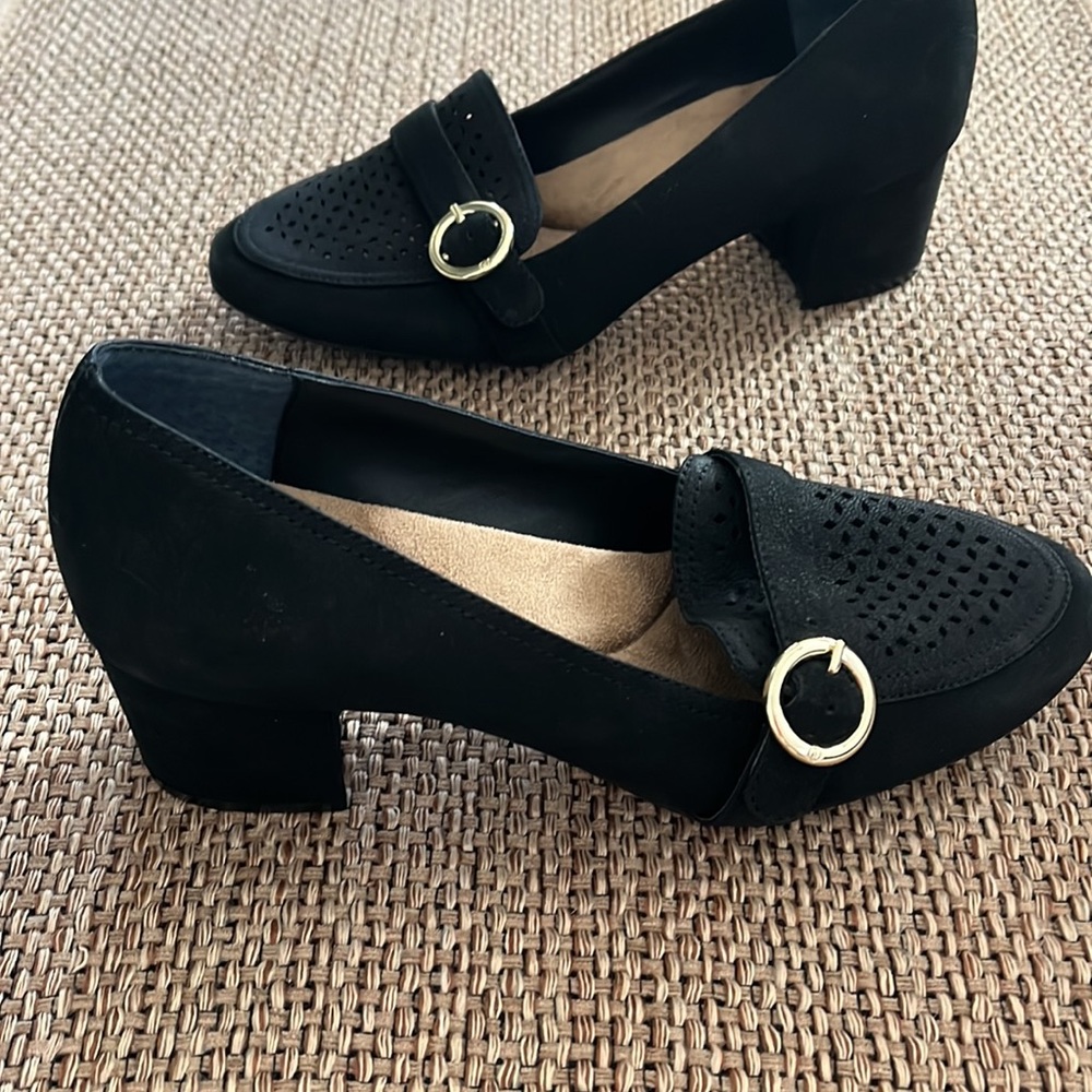 Black, suede heels with gold buckle - Size 8